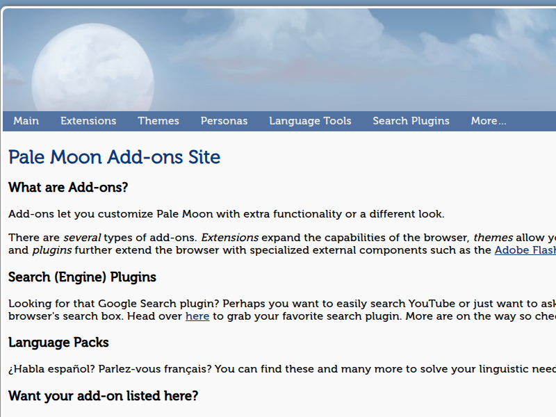 Screenshot of addons.palemoon.org